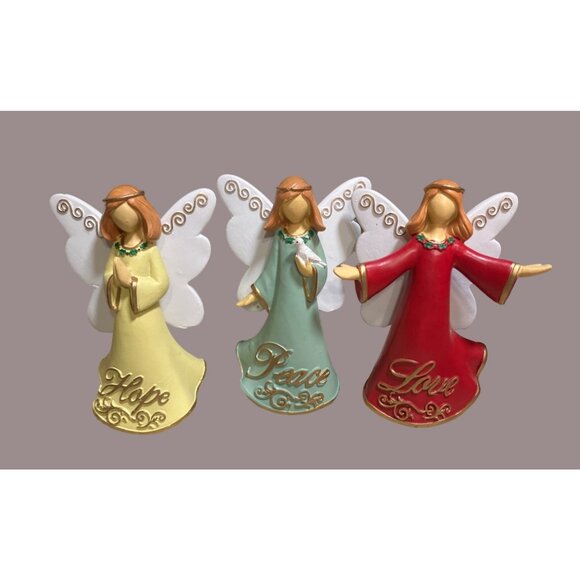 Angel Figurines With Love Peace & Hope Messages In Red Green & Yellow - Picture 1 of 13